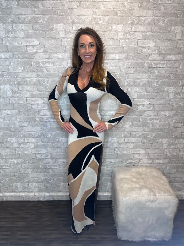 BLANC BLK/TAUPE L/S MIDI SWEATER DRESS