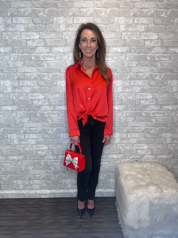 MUMU BUTTON DOWN RED SATIN