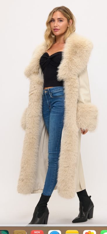 LACOALITION LONG FAUX LEATHER COAT W/FAUX FUR TRIM