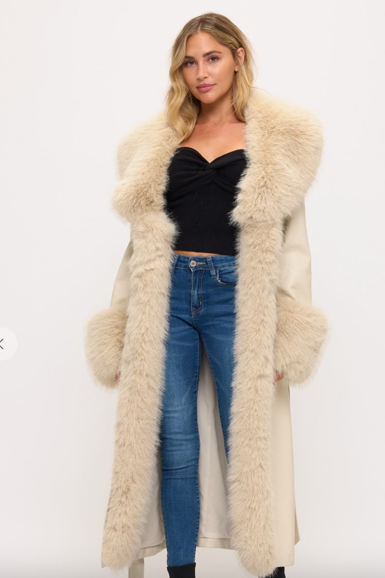LACOALITION LONG FAUX LEATHER COAT W/FAUX FUR TRIM