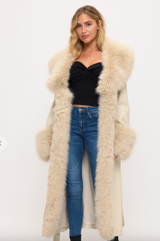 LACOALITION LONG FAUX LEATHER COAT W/FAUX FUR TRIM