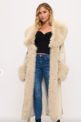 LACOALITION LONG FAUX LEATHER COAT W/FAUX FUR TRIM