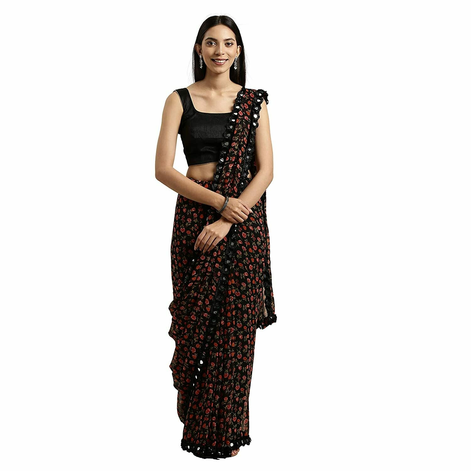 Womanista Women&#39;s Georgette with blouse piece 7510 Sarees (TKIM811_ Black_ Free Size)