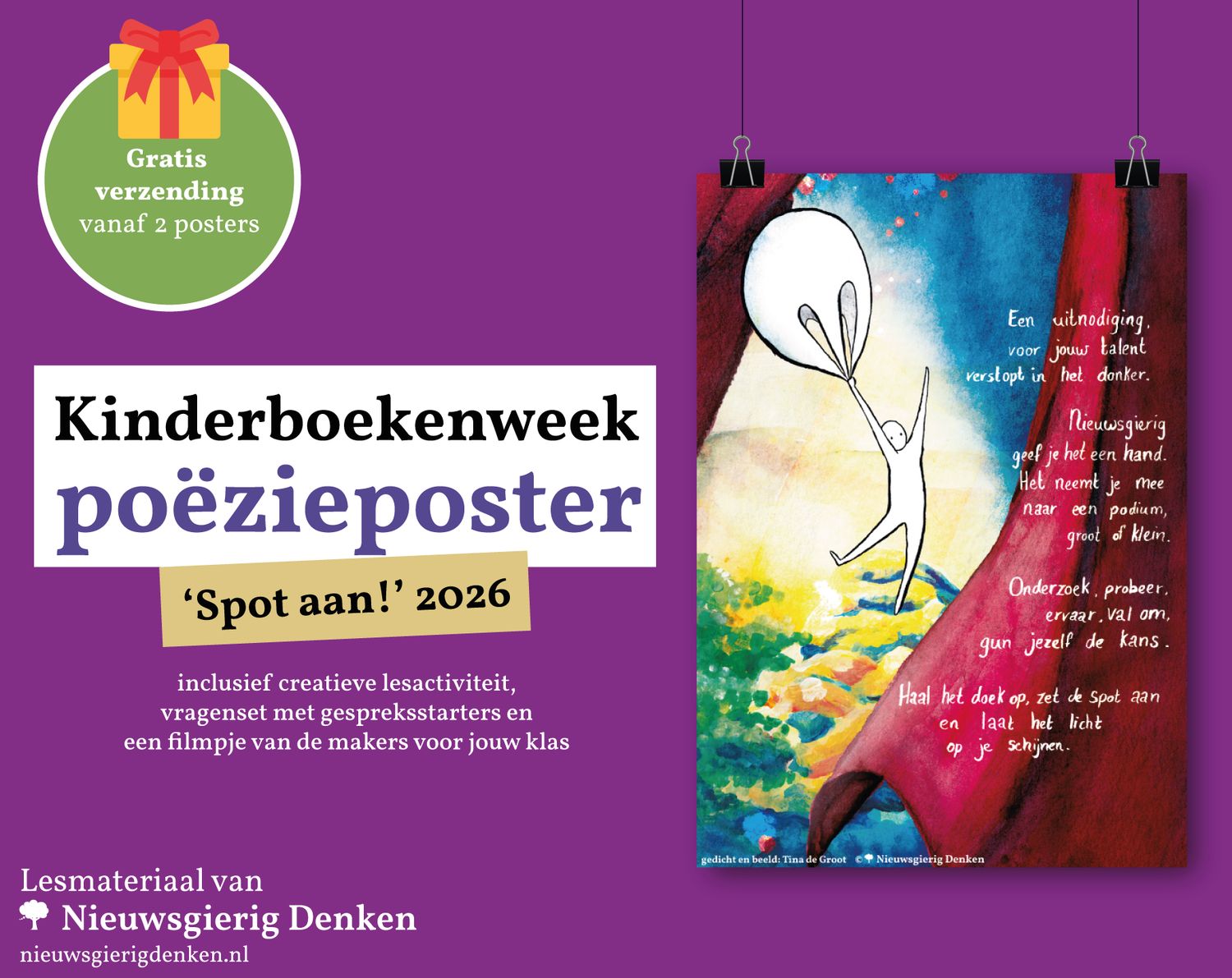 Kinderboekenweek 2026 A2-poëzieposter ‘Spot aan!’ + lesmateriaal Kinderboekenweek 2026 Spot Aan Poster Voor in De Klas Klaslokaal Gedicht lesmateriaal