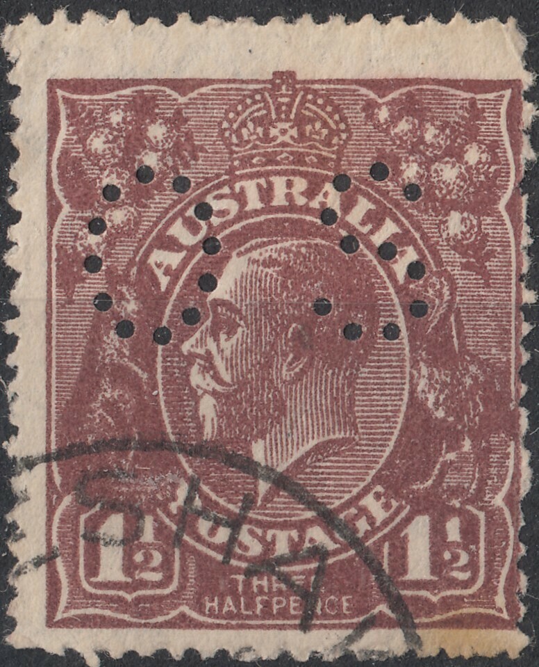 Australia 1920 KGV 1½d Chocolate Perf OS with Variety White Flaw Between Emu's Legs VFU