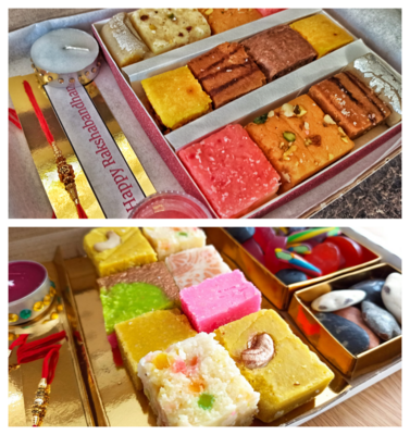 Rakhi Box: Mitai (Indian Sweets) OR Mitai, Gummies and Chocolate Size: C5