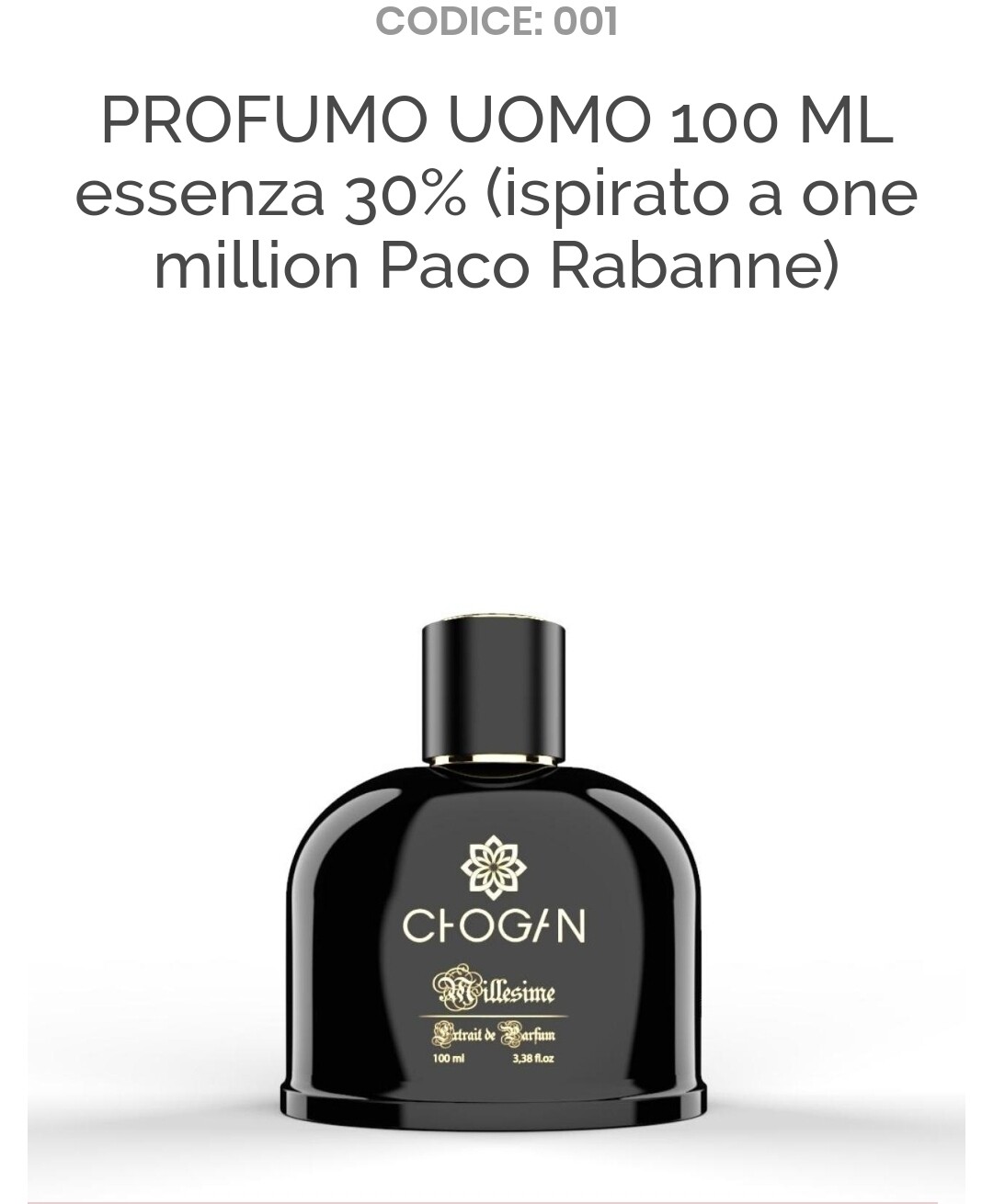 PROFUMO UOMO 100 ML essenza 30% (ispirato a one million Paco Rabanne)

