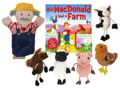 Old MacDonald Had A Farm Story Nursery Song Book Bag Sack Finger Puppet Set