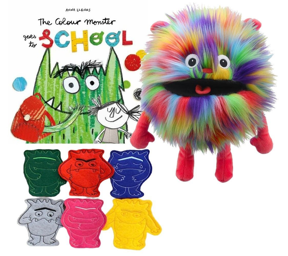 The Colour Monster  Goes To School Puppet & Finger Puppet Story Sack Bag Book Set - Story About Emotions - Worry Eater