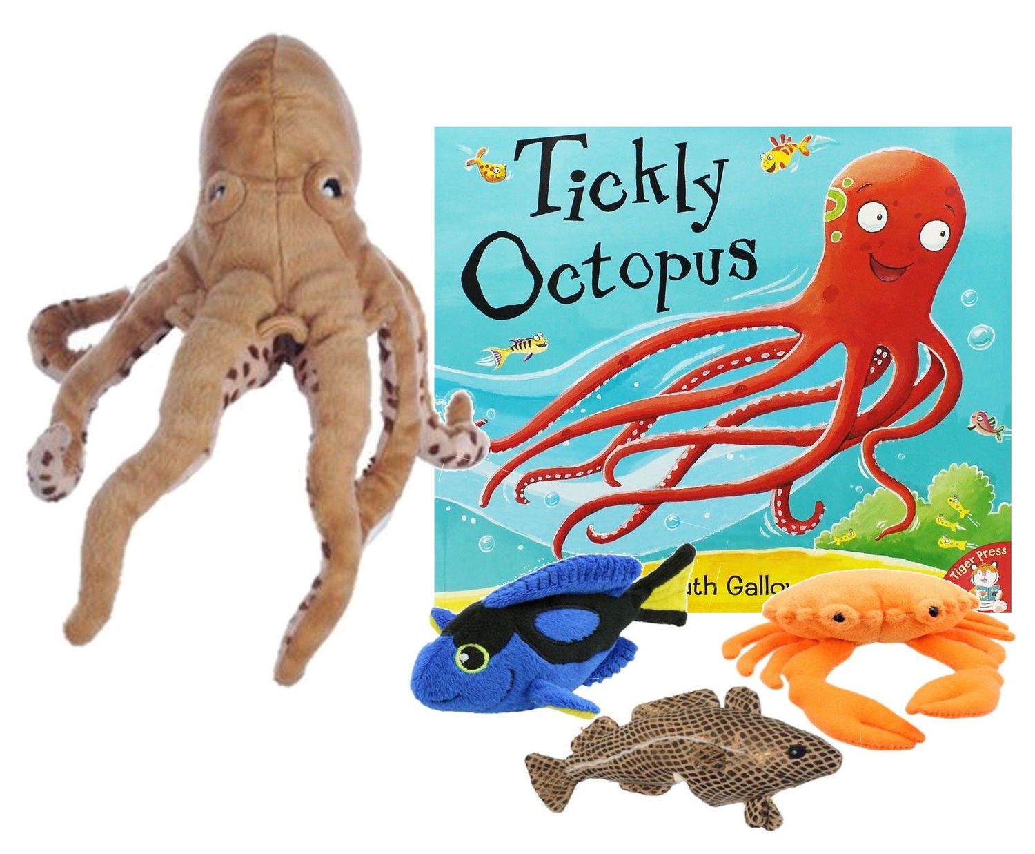 Tickly Octopus Hand Puppet Crab Blue Tang & Cod Finger Puppet Story Sack Book Set EYFS