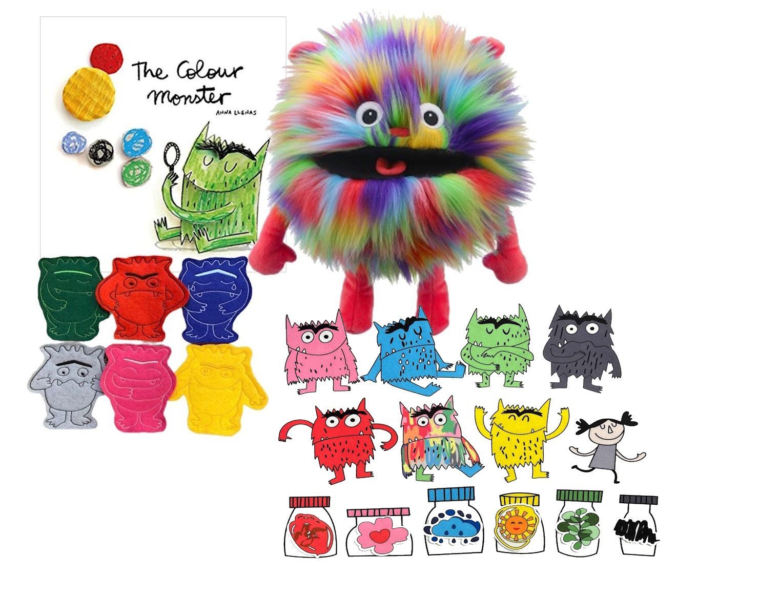 The Colour Monster Story Book Set with Puppet, Finger Puppets & 20 Felt Story Pieces – Story About Emotions – Worry Eater