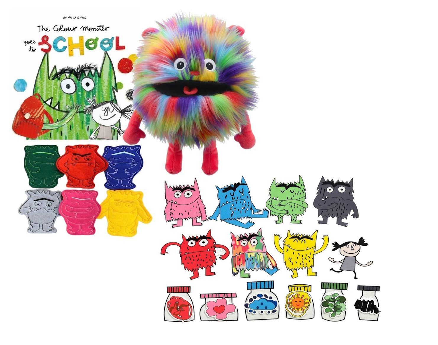 The Colour Monster Goes To School Puppet & Finger Puppet Story Sack Bag Book Set with 20 Felt Story Pieces – Story About Emotions – Worry Eater