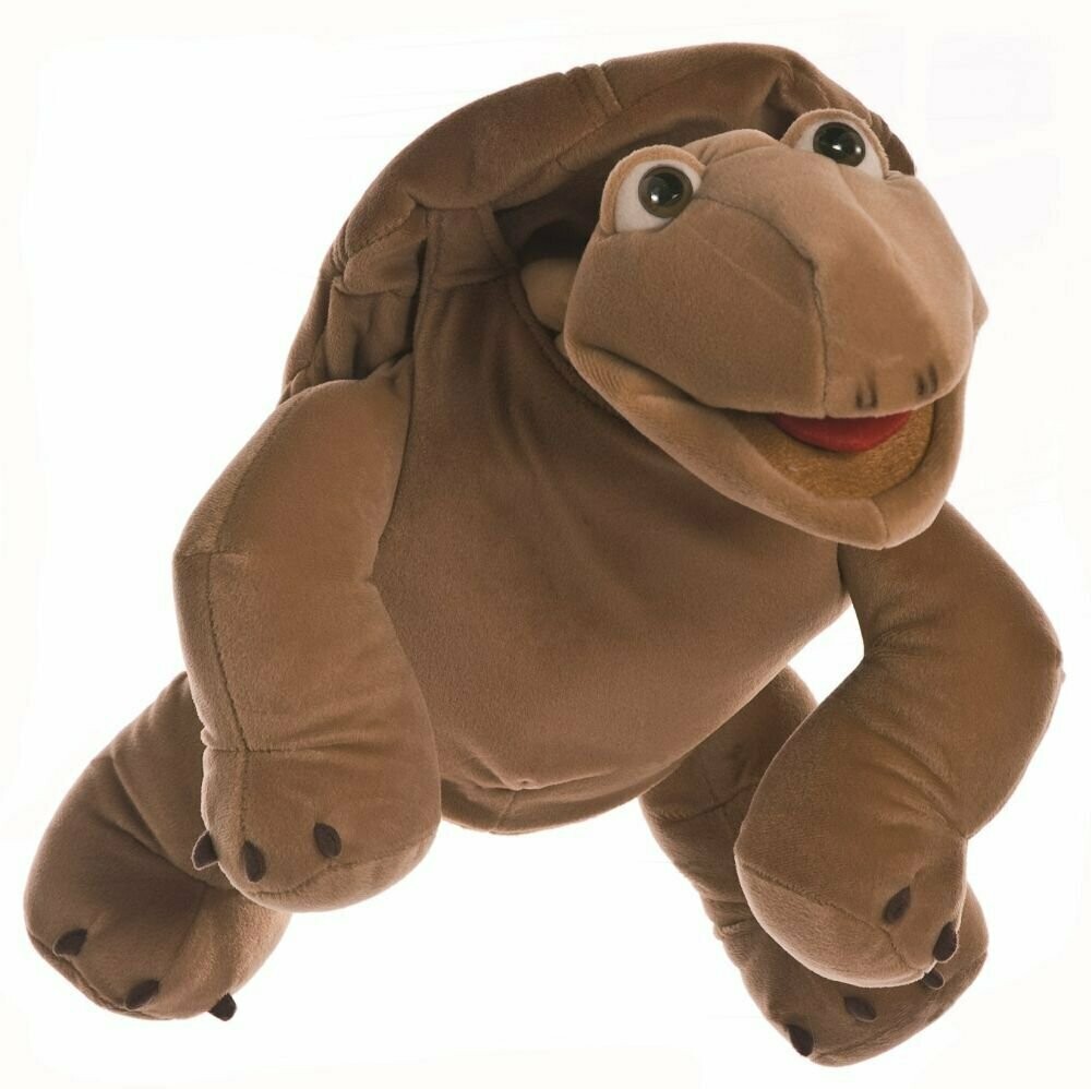 Sammy Handpuppe, braune Schildkröte mit Klappmaul und Handeingang unter Panzer von Living Puppets