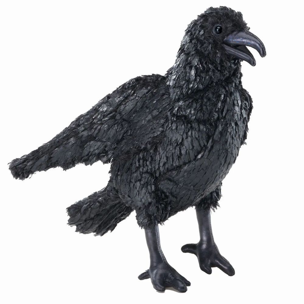 Folkmanis Krähe Handpuppe schwarz mit beweglichem Schnabel und glänzenden Beinen aus Plüsch