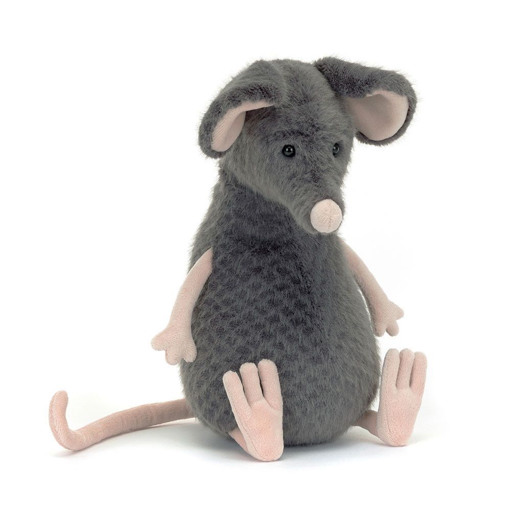 Jellycat Lachlan Ratte, Sad Rat, 27cm, frontal, sitzend, mit traurigem Blick.