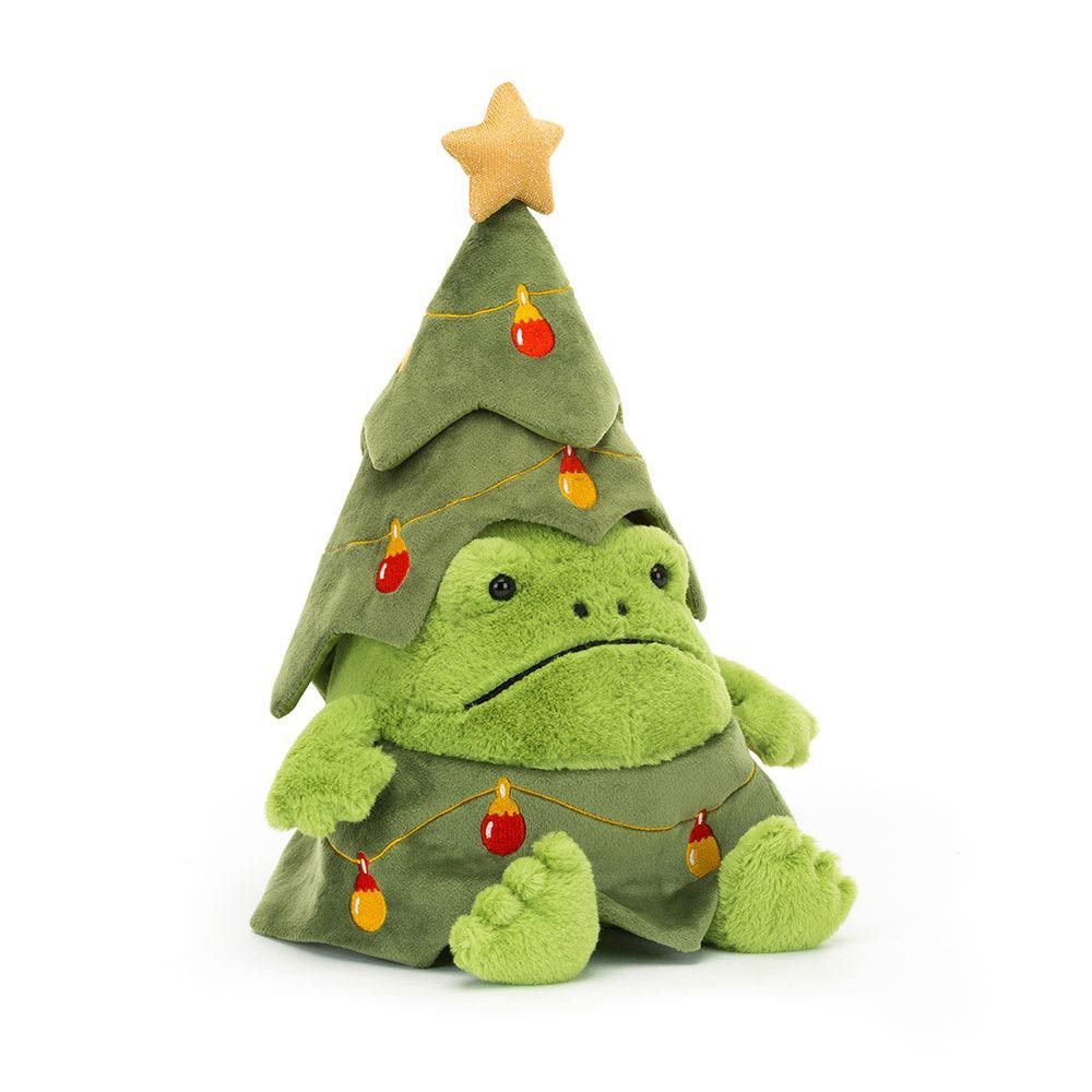 Jellycat Christmas Tree Ricky Rain Frog, grüner Frosch im Weihnachtsbaum-Kostüm mit Stern, Ansicht diagonal von vorne