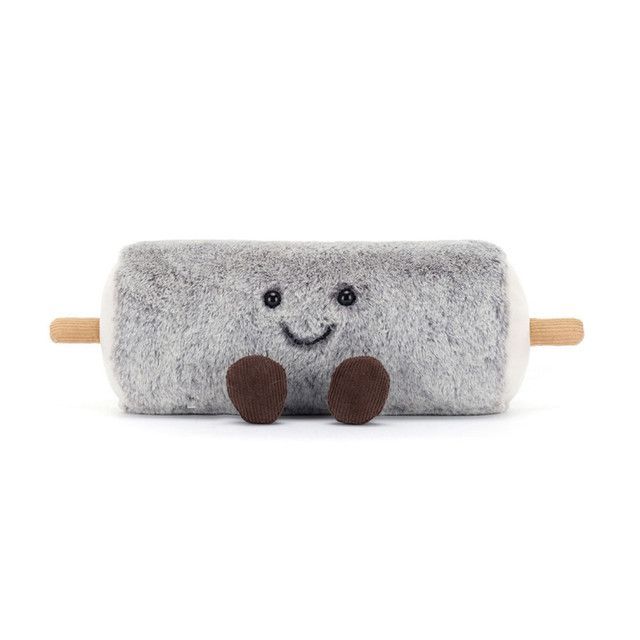 Jellycat Amuseables Goat Cheese Plüschtier, hellgrauer, zylindrischer Ziegenkäse mit weicher Textur und gesticktem Lächeln.