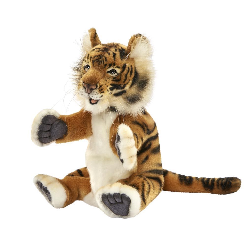 Tiger Handpuppe 37 cm – naturgetreue Plüschpuppe mit ausdrucksstarkem Blick
