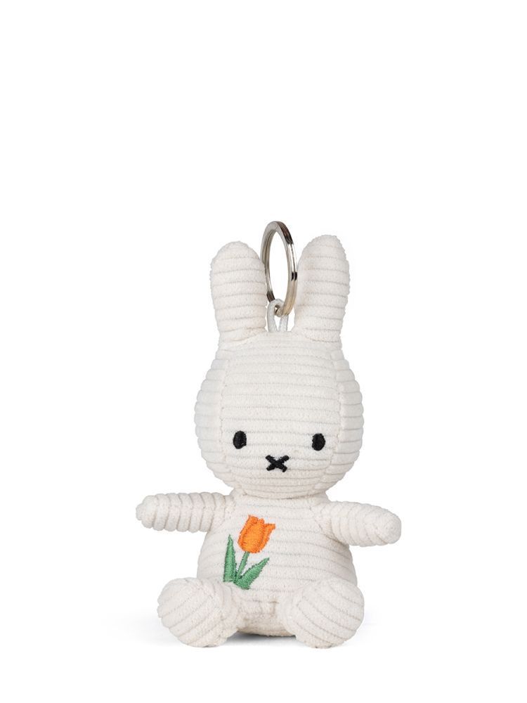 Kuscheltier Hase Schlüsselanhänger Miffy ECO Cord Weiß mit Tulpe, 10 cm gross, nachhaltig