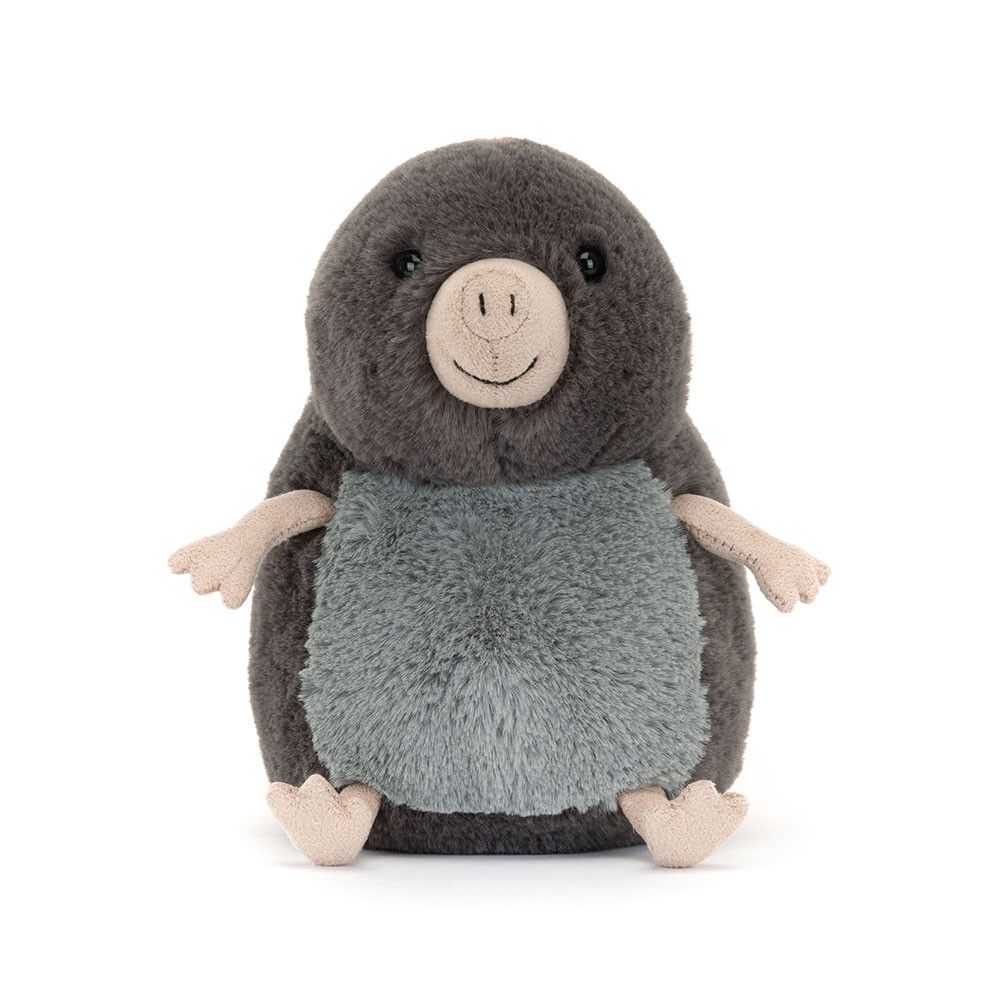 Jellycat Muswell Mole, Maulwurf Kuscheltier, grauem Fell und Bauch, sitzend, leicht schräge Ansicht