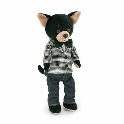 Schwarzer Chihuahua-Stoffhund "Lucky Buzz" mit abnehmbarer Kleidung, drehbarem Kopf & Magnetpfoten