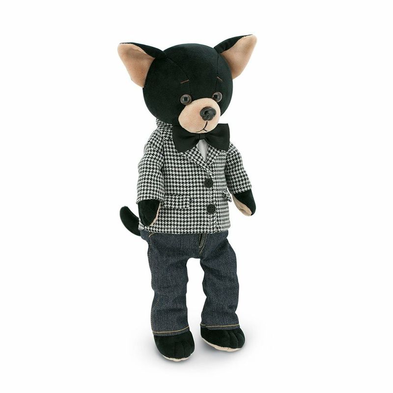 Black Chihuahua stuffed dog ‘Lucky Buzz’ with removable clothes, swivelling head & magnetic paws