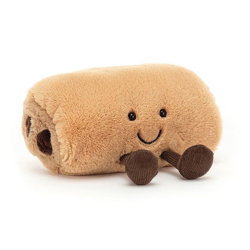 Jellycat Amuseables Pain au Chocolat, Kuscheltier frontal mit lachendem Gesicht und Beinchen.