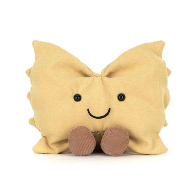 Jellycat Amuseables Farfalle Pasta-Kuscheltier von vorne mit süßem Gesicht, Füßchen & weichem Plüsch
