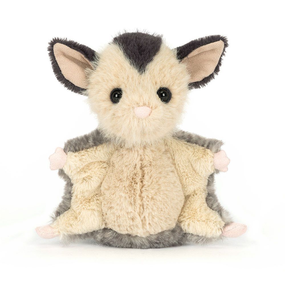 Jellycat Lolly Sugar Glider, Gleitbeutler Kuscheltier, grauem Fell, sitzend, Vorderansicht