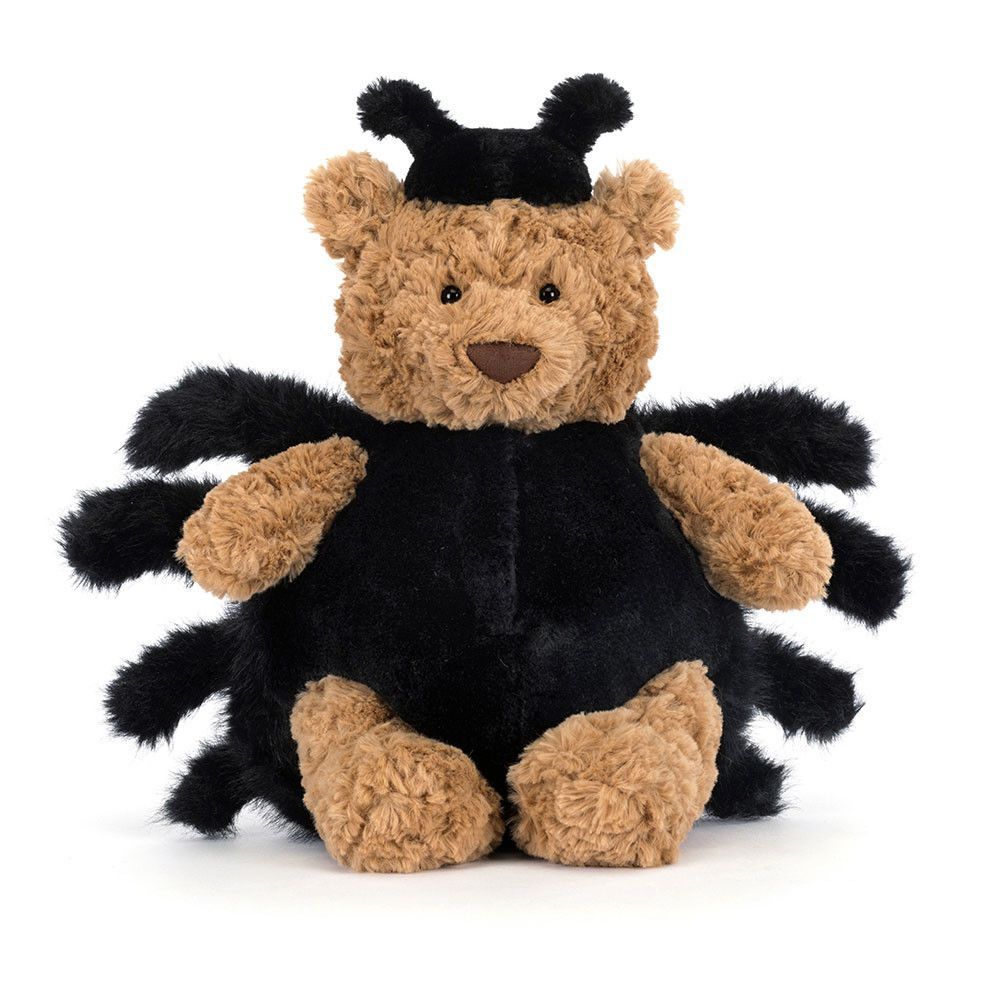 Jellycat Bartholomew Bear Spider, Teddybär mit Karamellfell im schwarzen Halloween Spinnenkostüm, Frontansicht