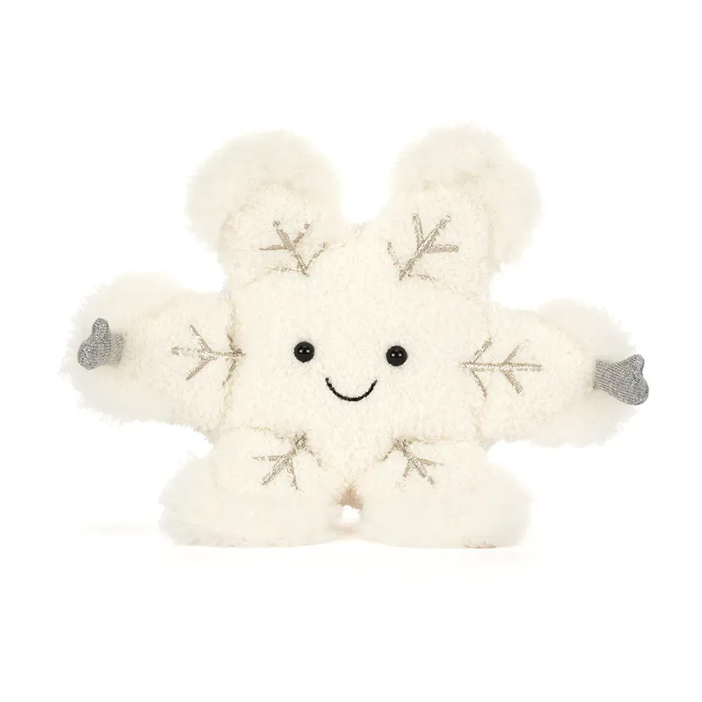 Jellycat Amuseables Snowflake, weiche Schneeflocke als Weihnachtskuscheltier mit silbernen Händchen, Ansicht von vorne