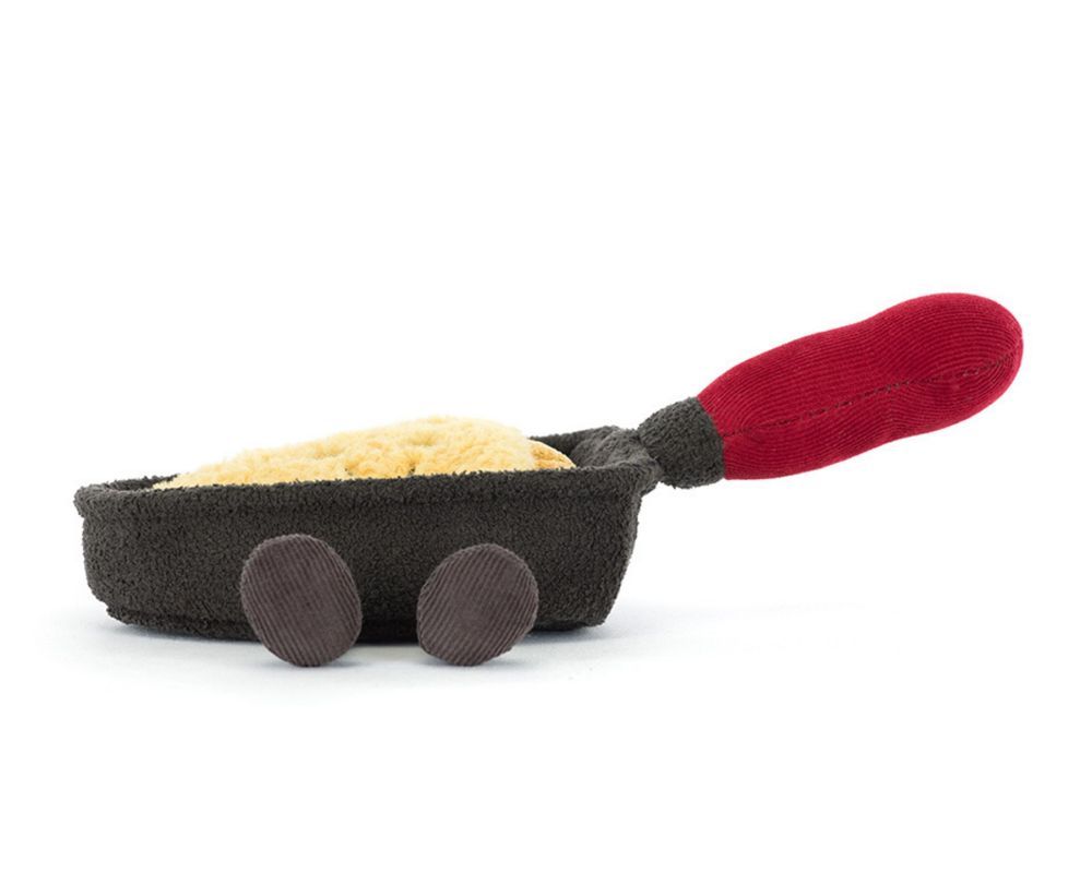 Jellycat Amuseables Raclette, lustiges Weihnachtskuscheltier, Käse im Pfännchen, Ansicht diagonal von vorne