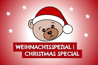 Teddybär mit Santa-Mütze auf rotem Hintergrund und Sternen (Kategoriebild Weihnachtsspezial)