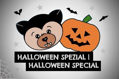 Teddy bear in vampire costume, Jack-o'-lantern pumpkin, bats, stars on dark grey background (category image Halloween)