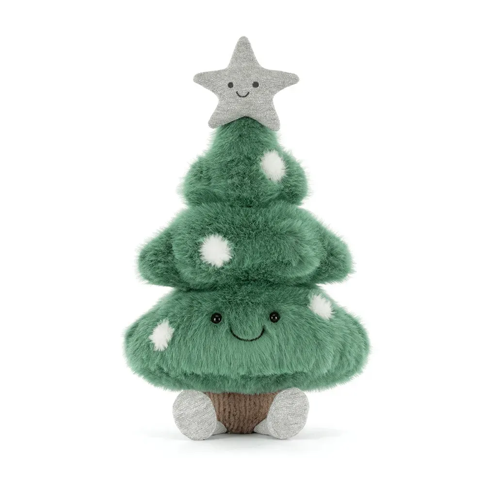 Jellycat Amuseables Christmas Tree, Plüsch-Weihnachtsbaum mit lachendem silbernem Stern, Ansicht von vorne