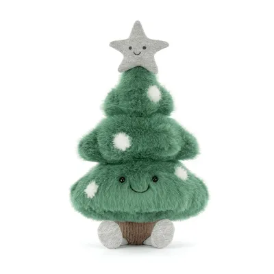 Jellycat Amuseables Christmas Tree, Plüsch-Weihnachtsbaum mit lachendem silbernem Stern, Ansicht von vorne