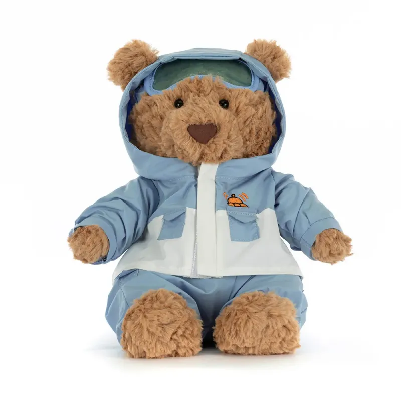 Bear Bartholomew Snow Suit - Jellycat Christmas Jellycat Bartholomew Bear Snow Suit, cuddly bear with blue ski suit & ski goggles, medium, 26cm, front view