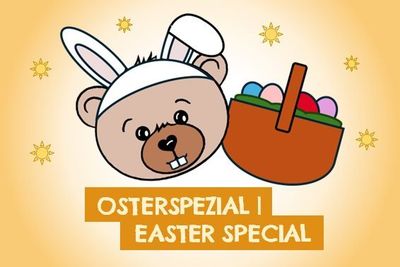 Teddybär im Hasenkostüm & ein Korb mit Ostereiern, kleine Sonnen auf gelbem Grund (Kategoriebild Osternspezial)