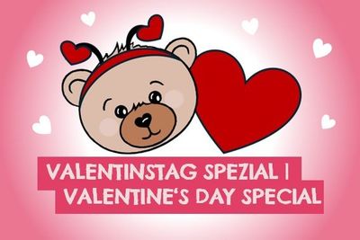 Teddybär mit Herz-Haarreif, großem Herz und kleinen weißen Herzen auf rosarotem Hintergrund (Kategoriebild Valentinstag)