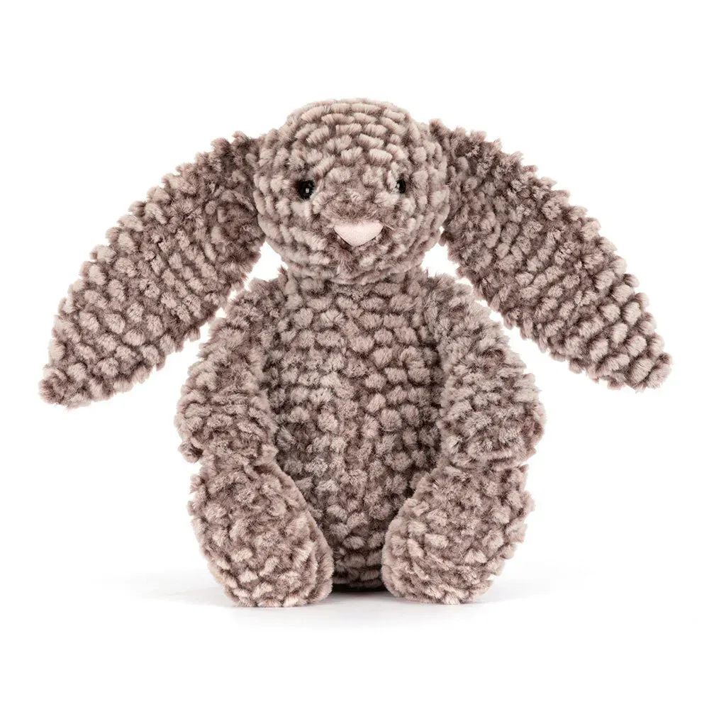 Jellycat Bashful Luxe Bunny Pine Medium, Kuschelhase Braun-Beige mit Tannenzapfen-Fellstruktur, Ansicht von vorne