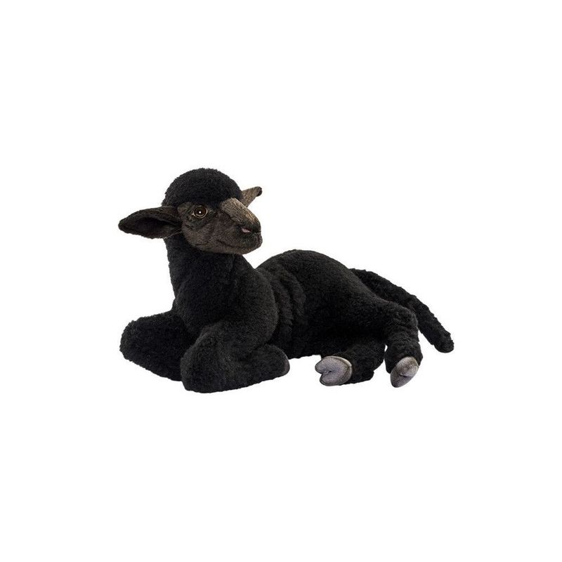 Hansa Creation liegendes Lamm, Schwarz, 32 cm, weiches und naturalistisches Plüsch Schaf, Ansicht von der Seite