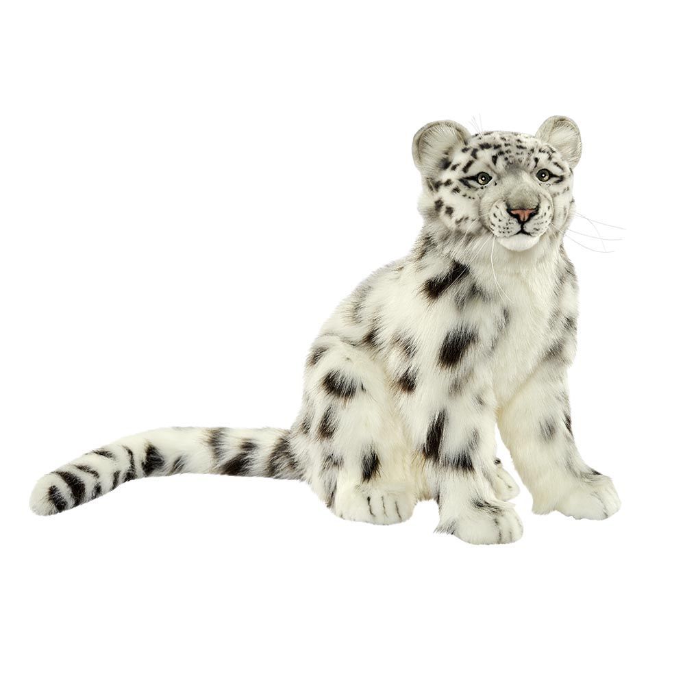 Schneeleopard sitzend von Hansa Creation, naturgetreue Plüschtier Raubkatze mit detailreich gemustertem Fell, Ansicht vorne