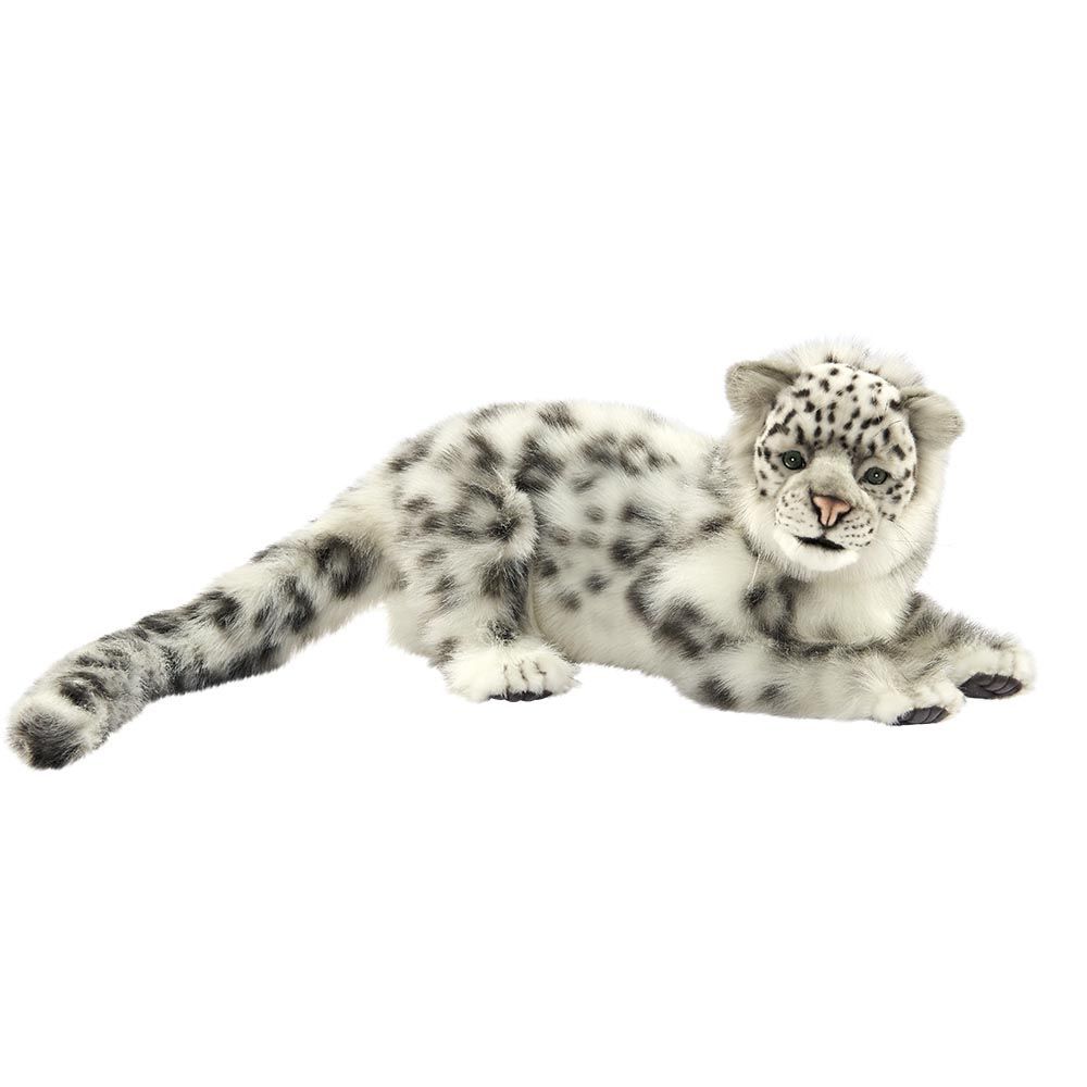 Schneeleopard Liegend von Hansa Creation, naturgetreue Plüschtier Raubkatze mit gemustertem Fell, seitliche Ansicht
