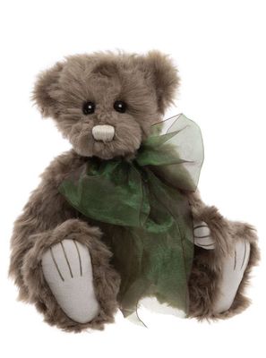 Charlie Bears Mr Baggins Plüschbär, 28 cm, grau-braunes Fell, voll beweglich, mit smaragdgrüner Organza-Schleife.
