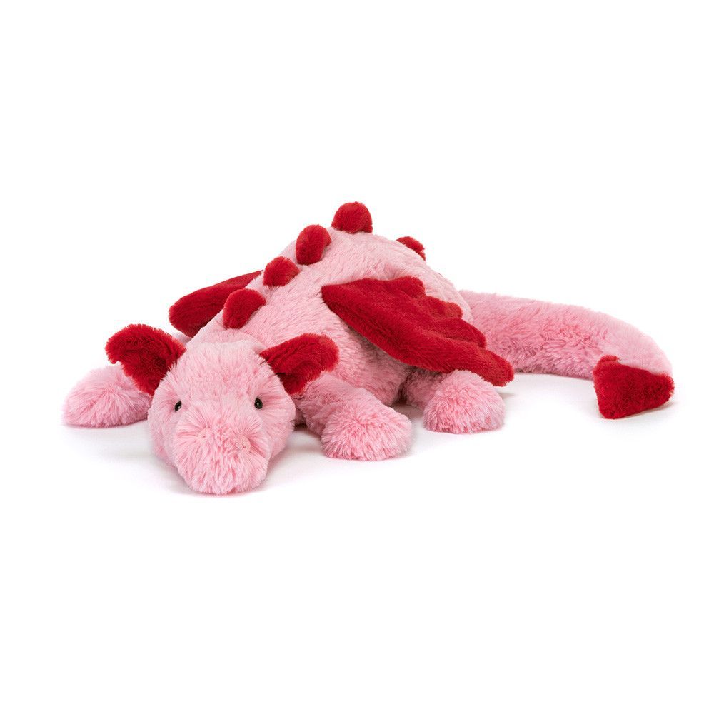 Jellycat Heart Dragon Large, Kuscheltier 50cm, rosa Drache mit roten Flügeln, diagonale Ansicht