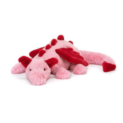 Drache Heart Dragon - Dragons & Dinosaurs Jellycat Heart Dragon Large, Kuscheltier 50cm, rosa Drache mit roten Flügeln, diagonale Ansicht