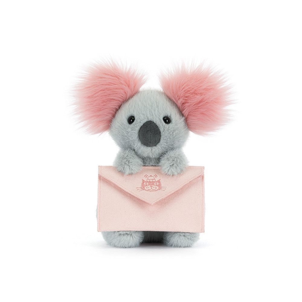 Koala mit Nachricht - Valentinstag Jellycat Koala mit Nachricht, Kuscheltier grau mit rosa Ohren und Umschlag für eine Nachricht, Ansicht von vorne
