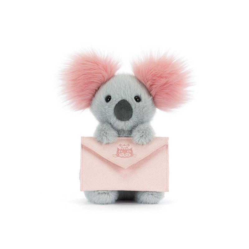 Koala mit Nachricht - Valentinstag Jellycat Koala mit Nachricht, Kuscheltier grau mit rosa Ohren und Umschlag für eine Nachricht, Ansicht von vorne