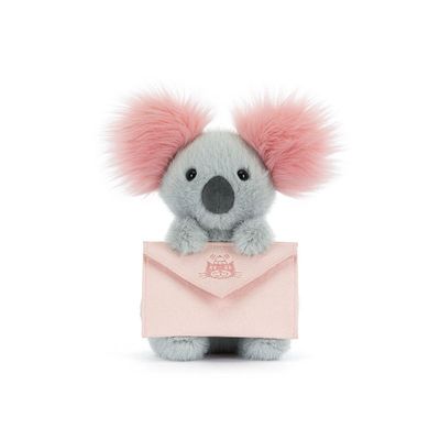 Jellycat Koala mit Nachricht, Kuscheltier grau mit rosa Ohren und Umschlag für eine Nachricht, Ansicht von vorne