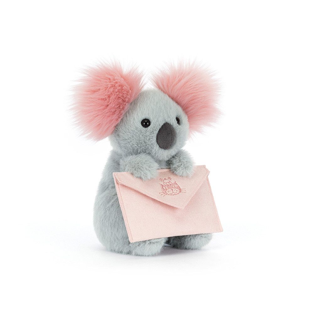 Jellycat Koala mit Nachricht, Kuscheltier grau mit rosa Ohren und Umschlag für eine Nachricht, Ansicht von vorne